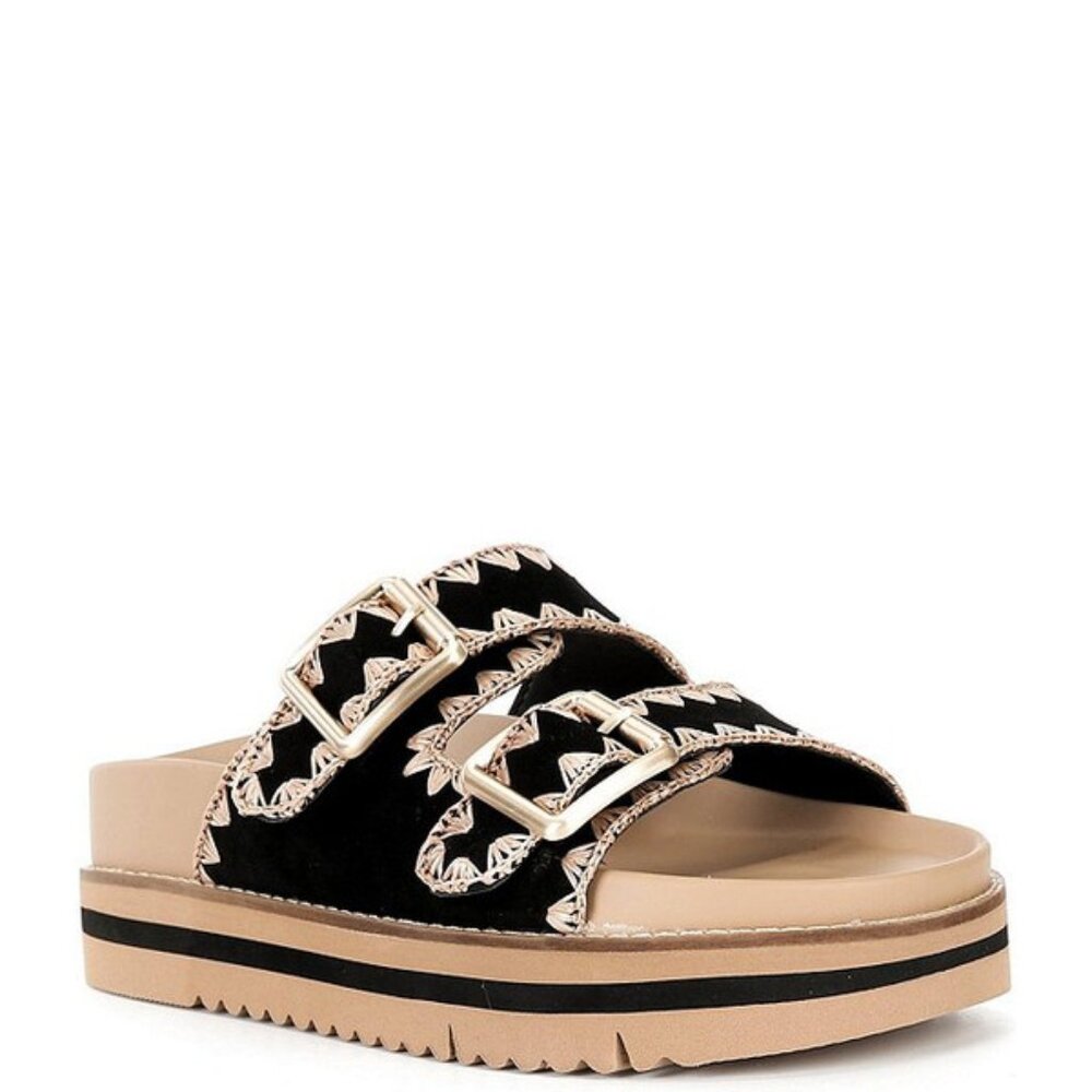 Chelsea & Violet Skyy Suede Whipstitch Double Buckle Sandals